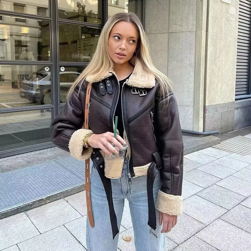 Jachetă groasă și caldă de iarnă pentru damă, vintage, cu mâneci lungi, cu guler răsturnat, haine de îmbrăcăminte maro șic pentru femei
