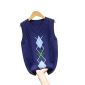 Veste pentru copii de toamnă pentru băiat, ocazional cu romb, pulover tricotat, pentru adolescenți, copii din bumbac, cu decolteu în V, veste fără mâneci 6 10 14 ani