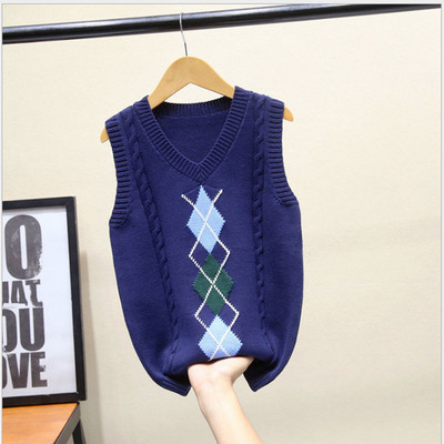 Veste pentru copii de toamnă pentru băiat, ocazional cu romb, pulover tricotat, pentru adolescenți, copii din bumbac, cu decolteu în V, veste fără mâneci 6 10 14 ani