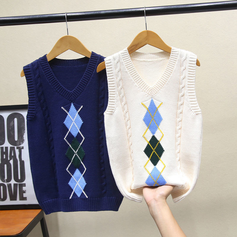 Veste pentru copii de toamnă pentru băiat, ocazional cu romb, pulover tricotat, pentru adolescenți, copii din bumbac, cu decolteu în V, veste fără mâneci 6 10 14 ani