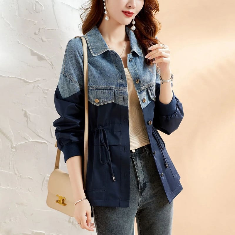 2023. Proljeće i jesen Novi široki kontrastni traper patchwork trenč kaput Svestrana jakna Ženska odjeća
