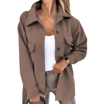 Ženski kaput s otvorenim ovratnikom, jednoredno kopčanje, jesen, zima, vuneni kaput s preklopnim džepovima, topli ležerni kaput, ženska gornja odjeća