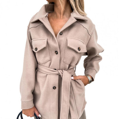 Ženski kaput s otvorenim ovratnikom, jednoredno kopčanje, jesen, zima, vuneni kaput s preklopnim džepovima, topli ležerni kaput, ženska gornja odjeća