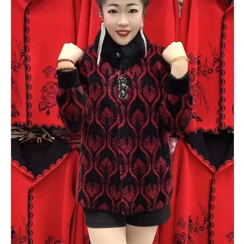 Jachetă de toamnă iarnă pentru mame de ultimă generație, la modă, imitație groasă, din nurcă, din cașmir, din lână, pentru femei de vârstă mijlocie, cardigan tricotat 5XL