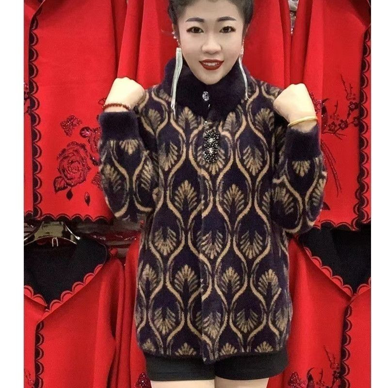 Jachetă de toamnă iarnă pentru mame de ultimă generație, la modă, imitație groasă, din nurcă, din cașmir, din lână, pentru femei de vârstă mijlocie, cardigan tricotat 5XL