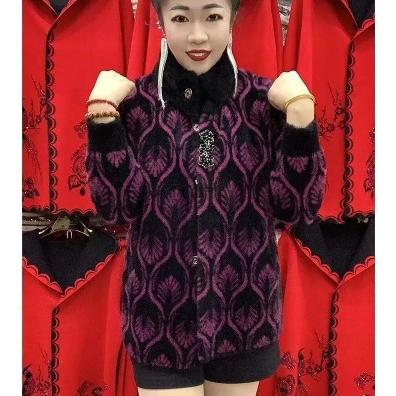 Jachetă de toamnă iarnă pentru mame de ultimă generație, la modă, imitație groasă, din nurcă, din cașmir, din lână, pentru femei de vârstă mijlocie, cardigan tricotat 5XL