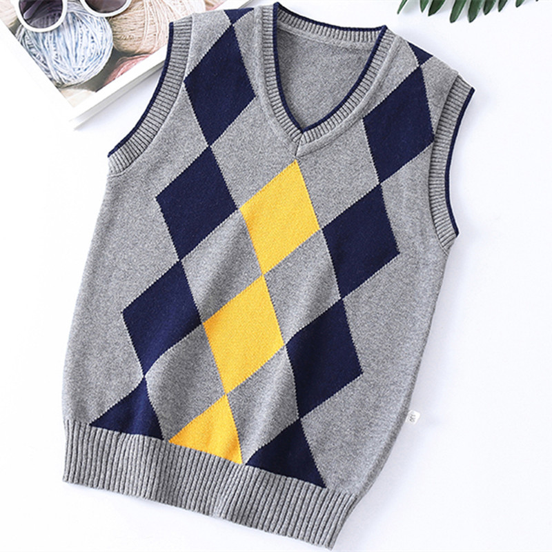 Nova proljetna dječačka uniforma, prsluk, jesenski karirani v-izrez, školski dječji pleteni puloveri bez rukava za djecu od 4-15 godina, prsluk