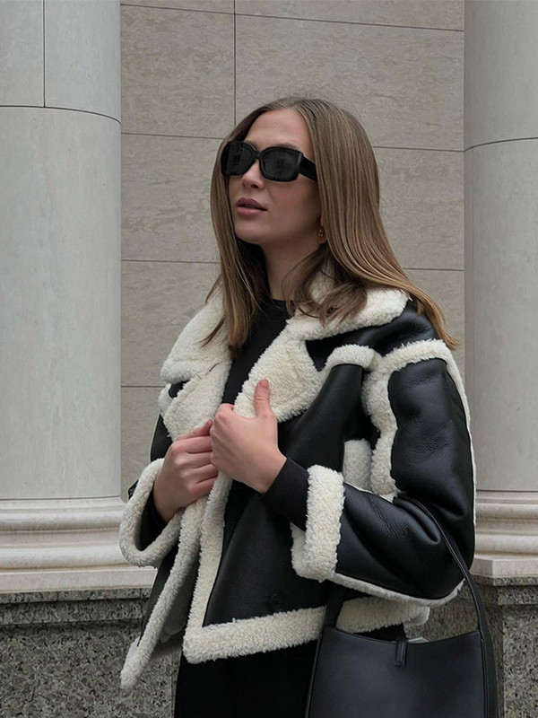 Jachetă decupată din piele PU mozaic pentru femei, la modă, cu guler îngroșat, pardesiu scurt de toamnă pentru damă, îmbrăcăminte caldă