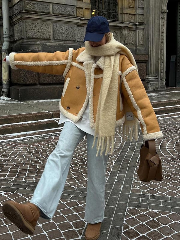 Jachetă decupată din piele PU mozaic pentru femei, la modă, cu guler îngroșat, pardesiu scurt de toamnă pentru damă, îmbrăcăminte caldă