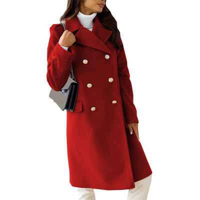 Femei iarnă cu mânecă lungă cu rever dublu-breasted trench de lână jachetă pardesiu jachete de vânt pentru femei subțire din lână