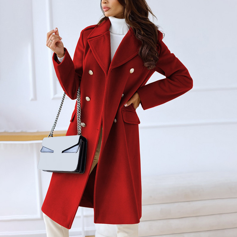 Femei iarnă cu mânecă lungă cu rever dublu-breasted trench de lână jachetă pardesiu jachete de vânt pentru femei subțire din lână