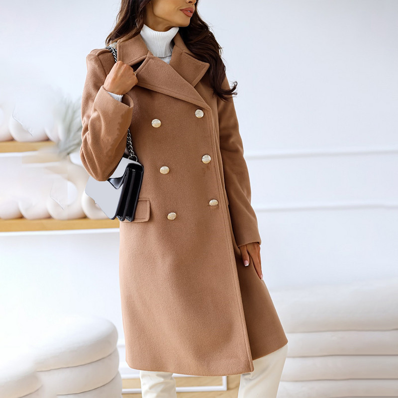 Femei iarnă cu mânecă lungă cu rever dublu-breasted trench de lână jachetă pardesiu jachete de vânt pentru femei subțire din lână