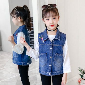 Нова дънкова жилетка за момичета Детска дънкова жилетка без ръкави с бродерия Детска пролетна жилетка в корейски стил Дрехи за 4-13 години