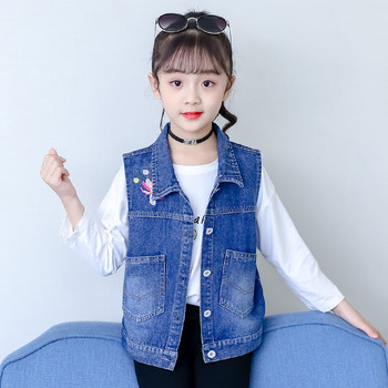 Нова дънкова жилетка за момичета Детска дънкова жилетка без ръкави с бродерия Детска пролетна жилетка в корейски стил Дрехи за 4-13 години