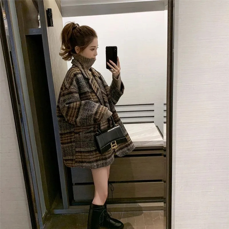 Zimski korejski kaput Ženski vintage vuneni široki kaputi Ženski karirani dvoredni ovratnik Gornja odjeća Vunene jakne