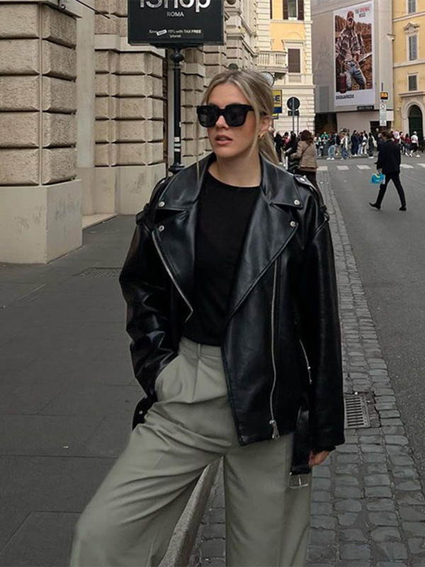 Crna kožna jakna Ženske proljetne gotičke trkaće jakne Vintage PU jakna s reverima dugih rukava Ženski motociklistički kaputi Ulična odjeća