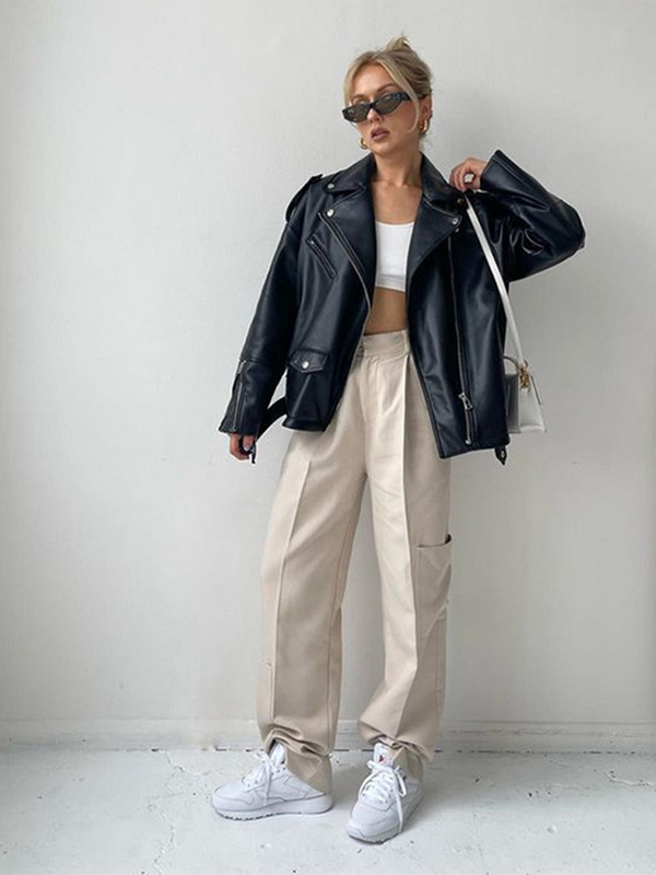 Crna kožna jakna Ženske proljetne gotičke trkaće jakne Vintage PU jakna s reverima dugih rukava Ženski motociklistički kaputi Ulična odjeća