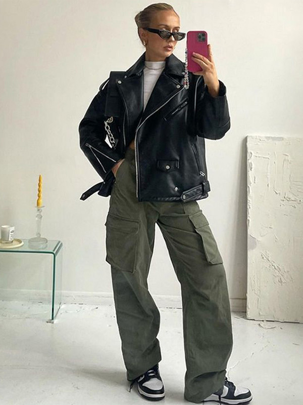 Crna kožna jakna Ženske proljetne gotičke trkaće jakne Vintage PU jakna s reverima dugih rukava Ženski motociklistički kaputi Ulična odjeća