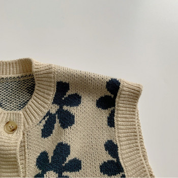 Жилетка през пролетта и есента Детска жилетка Ретро плетен пуловер с цветя за момчета и момичета Жилетка