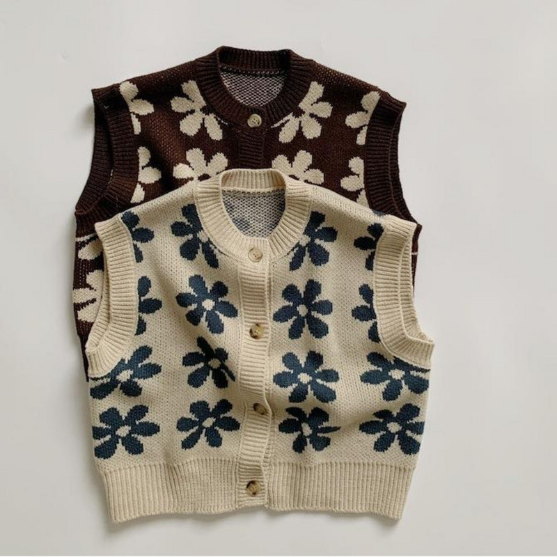 Kardigan u proljeće i jesen Dječji prsluk Pleteni pulover s retro cvijetom za dječake i djevojčice Prsluk