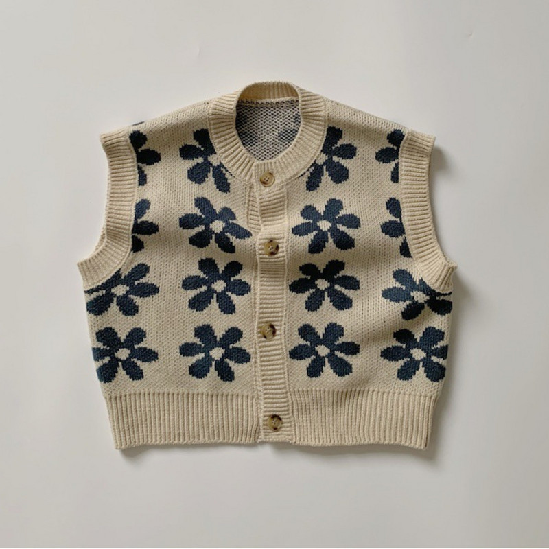 Kardigan u proljeće i jesen Dječji prsluk Pleteni pulover s retro cvijetom za dječake i djevojčice Prsluk