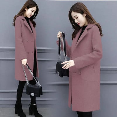 Biuro vilnonis moteriškas paltas rudeniui ir žiemai Nauji vilnos mišinio paltai korėjietiškos versijos laisva striukė Ilgi elegantiški moteriški viršutiniai drabužiai