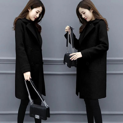 Biuro vilnonis moteriškas paltas rudeniui ir žiemai Nauji vilnos mišinio paltai korėjietiškos versijos laisva striukė Ilgi elegantiški moteriški viršutiniai drabužiai