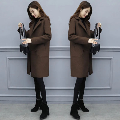 Biuro vilnonis moteriškas paltas rudeniui ir žiemai Nauji vilnos mišinio paltai korėjietiškos versijos laisva striukė Ilgi elegantiški moteriški viršutiniai drabužiai