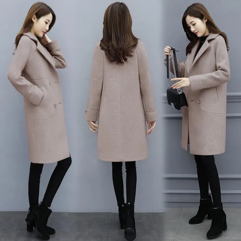 Biuro vilnonis moteriškas paltas rudeniui ir žiemai Nauji vilnos mišinio paltai korėjietiškos versijos laisva striukė Ilgi elegantiški moteriški viršutiniai drabužiai
