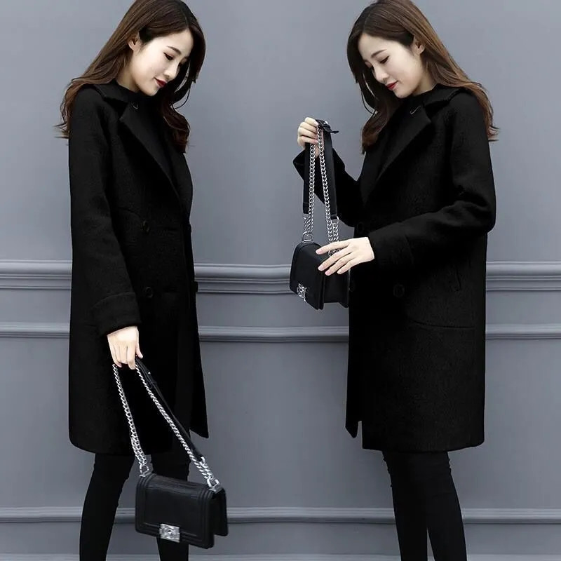 Biuro vilnonis moteriškas paltas rudeniui ir žiemai Nauji vilnos mišinio paltai korėjietiškos versijos laisva striukė Ilgi elegantiški moteriški viršutiniai drabužiai