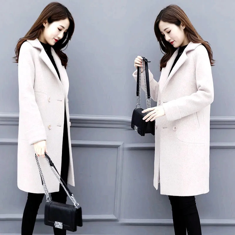 Biuro vilnonis moteriškas paltas rudeniui ir žiemai Nauji vilnos mišinio paltai korėjietiškos versijos laisva striukė Ilgi elegantiški moteriški viršutiniai drabužiai
