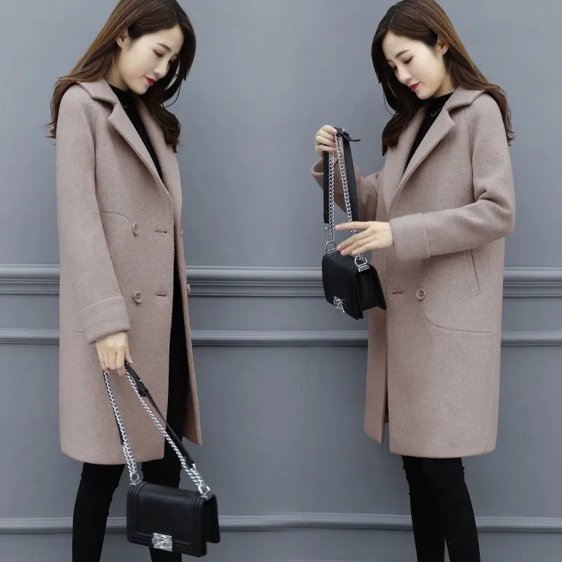 Biuro vilnonis moteriškas paltas rudeniui ir žiemai Nauji vilnos mišinio paltai korėjietiškos versijos laisva striukė Ilgi elegantiški moteriški viršutiniai drabužiai