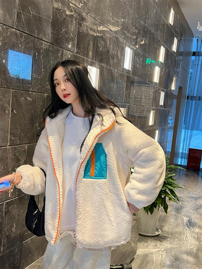Jakid Harajuku Korea Mood Tänavarõivad Tõmblukk Naiste jakk Lambafliis Palus Oversize Lahtised Valged Talvemantlid Kapuutsiga