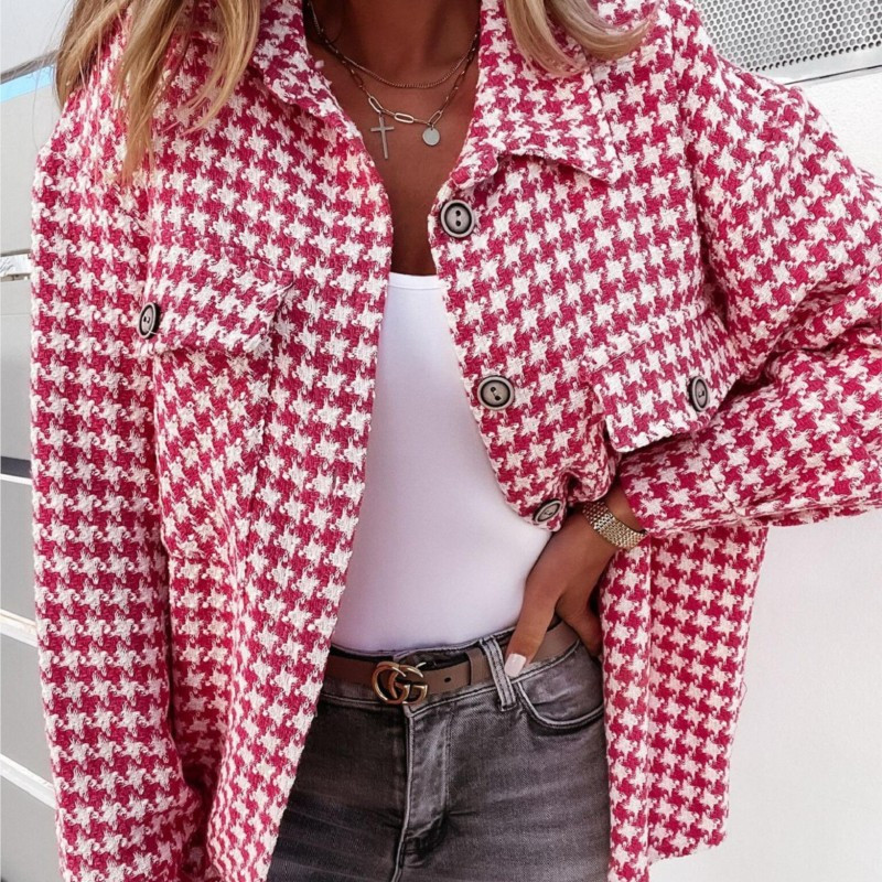 Stil european și american, toamnă și iarnă, model cu o mie de păsări, jachetă de lână imprimată la modă pentru paltoane pentru femei