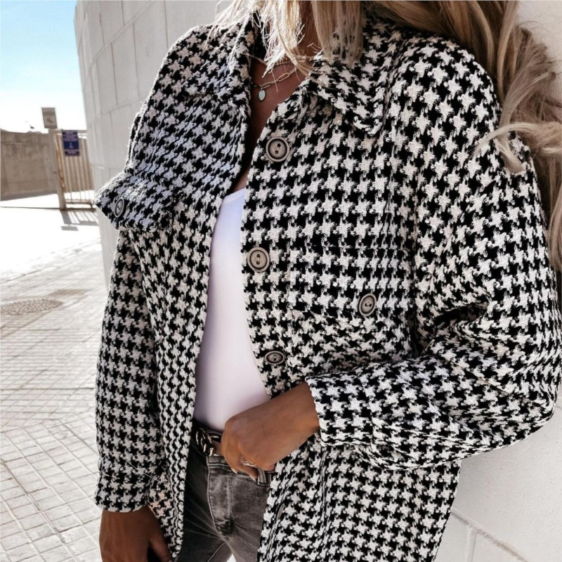 Stil european și american, toamnă și iarnă, model cu o mie de păsări, jachetă de lână imprimată la modă pentru paltoane pentru femei