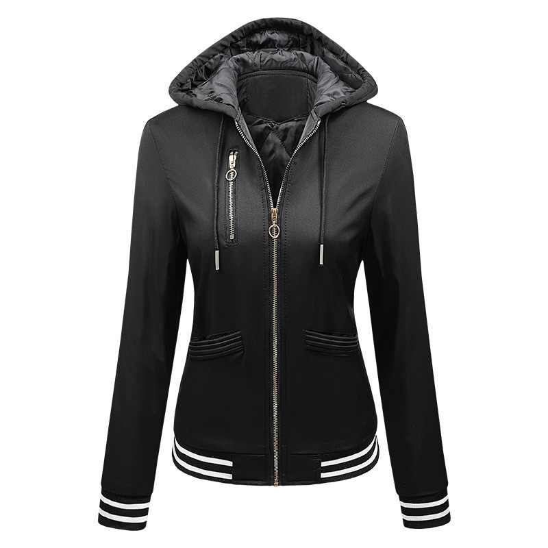 2023. g. jauns rudens un ziema, jauna jaka ar kapuci, sieviešu biezināta, vaļīga rāvējslēdzēja kabatas svītraini mēteļi 4 krāsu modes beisbola virsdrēbes