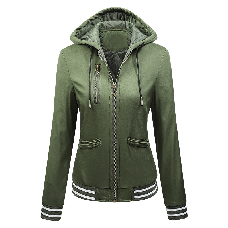 2023. g. jauns rudens un ziema, jauna jaka ar kapuci, sieviešu biezināta, vaļīga rāvējslēdzēja kabatas svītraini mēteļi 4 krāsu modes beisbola virsdrēbes