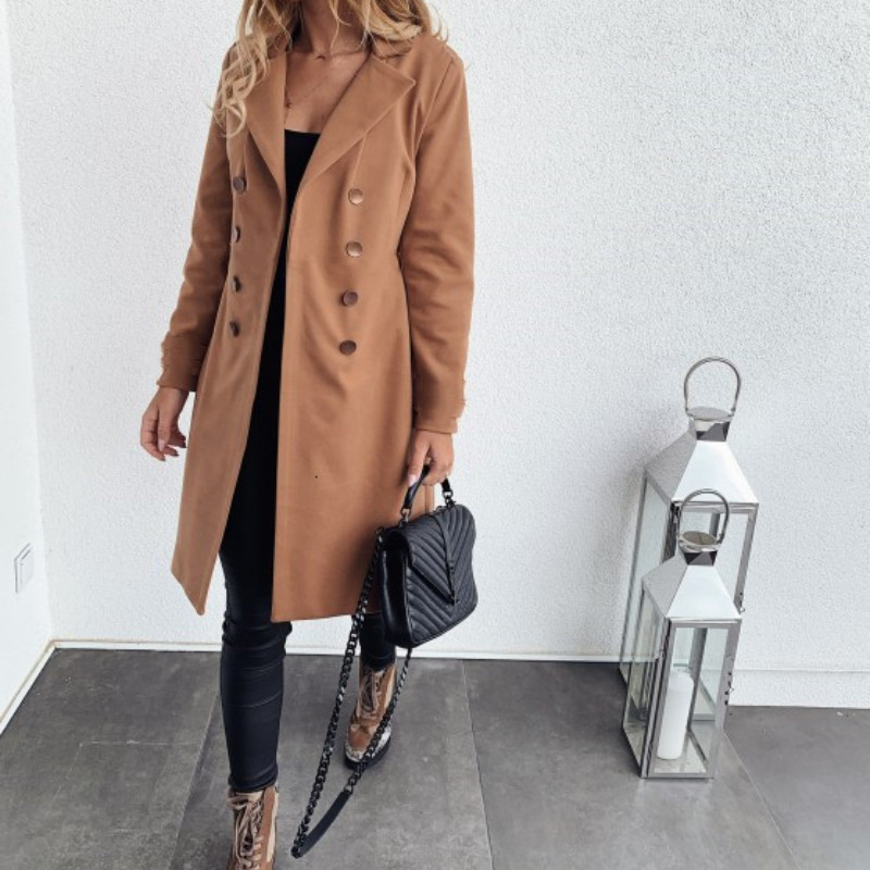 2023. Dugački kaput od mješavine vune Ženski kaput Zima Proljeće Vuneni kaputi s duplim gumbima na rever Modni jednobojni uski gornja odjeća Ženska