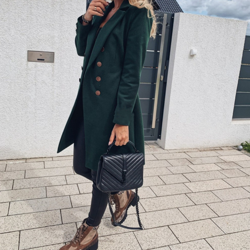 2023. Dugački kaput od mješavine vune Ženski kaput Zima Proljeće Vuneni kaputi s duplim gumbima na rever Modni jednobojni uski gornja odjeća Ženska