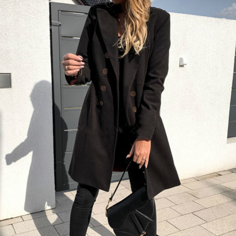 2023. Dugački kaput od mješavine vune Ženski kaput Zima Proljeće Vuneni kaputi s duplim gumbima na rever Modni jednobojni uski gornja odjeća Ženska