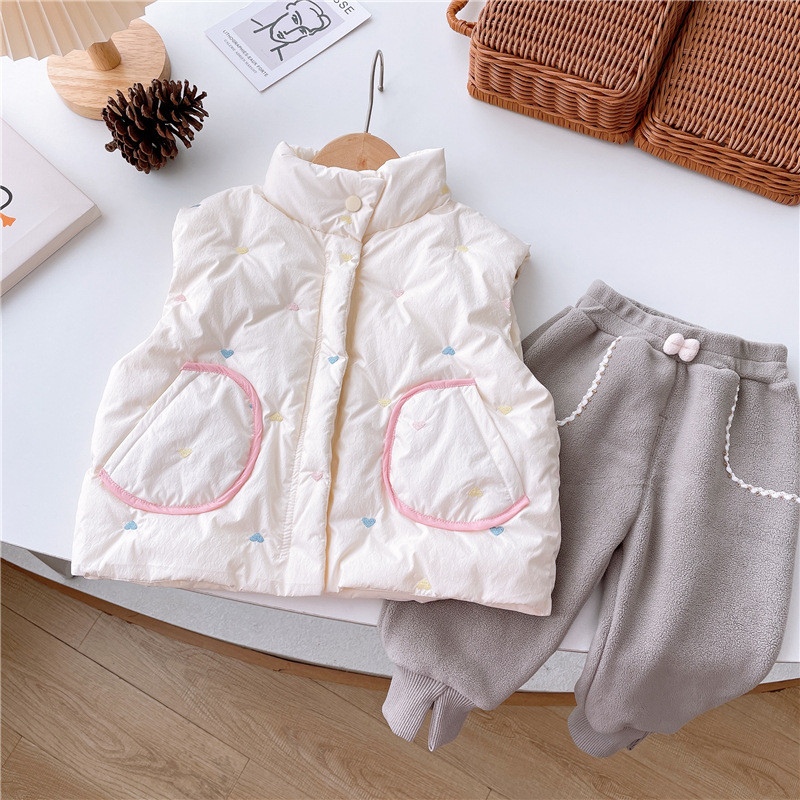 Zimska djevojačka puhasta vesta Tanka dječja majica bez rukava sa šarenim vezom Dječja stojeća majica s ovratnikom i ramenima