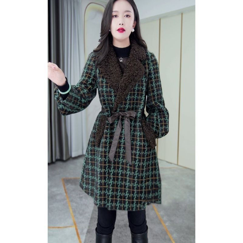 Sieviešu ārzemju stila vidēja garuma vilnas mētelis sievietēm 2023. gada rudenī un ziemā, jauns modes stils, plāns rūtains sieviešu mētelis