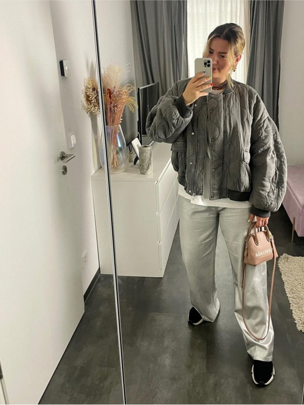 Siva pamučna bomber jakna Kaput za žene labave O-izreza dugih rukava Ležerna gornja odjeća 2023 Jesen Zima Moda Ženska ulična odjeća