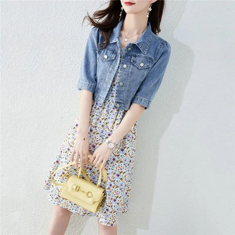 Culturi vintage, la modă, jachete cu guler răsturnat, pentru femei, îmbrăcăminte de bază, solidă, cu jumătate de mânecă, denim, jachetă de blugi Harajuku Street pentru femei