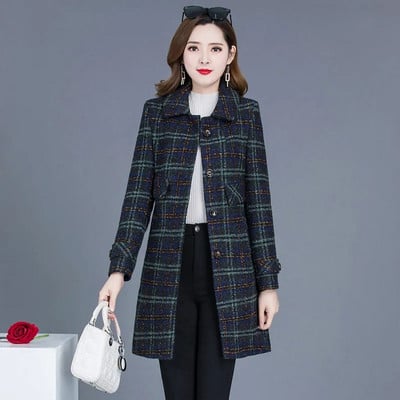 Paltonă de lână în carouri pentru femei, la modă, jachete noi de toamnă și iarnă, subțire, de lungime mijlocie, haine de amestec de lână, cu un singur piept, îmbrăcăminte pentru femei 5XL