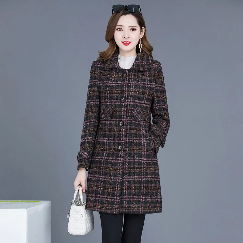Paltonă de lână în carouri pentru femei, la modă, jachete noi de toamnă și iarnă, subțire, de lungime mijlocie, haine de amestec de lână, cu un singur piept, îmbrăcăminte pentru femei 5XL
