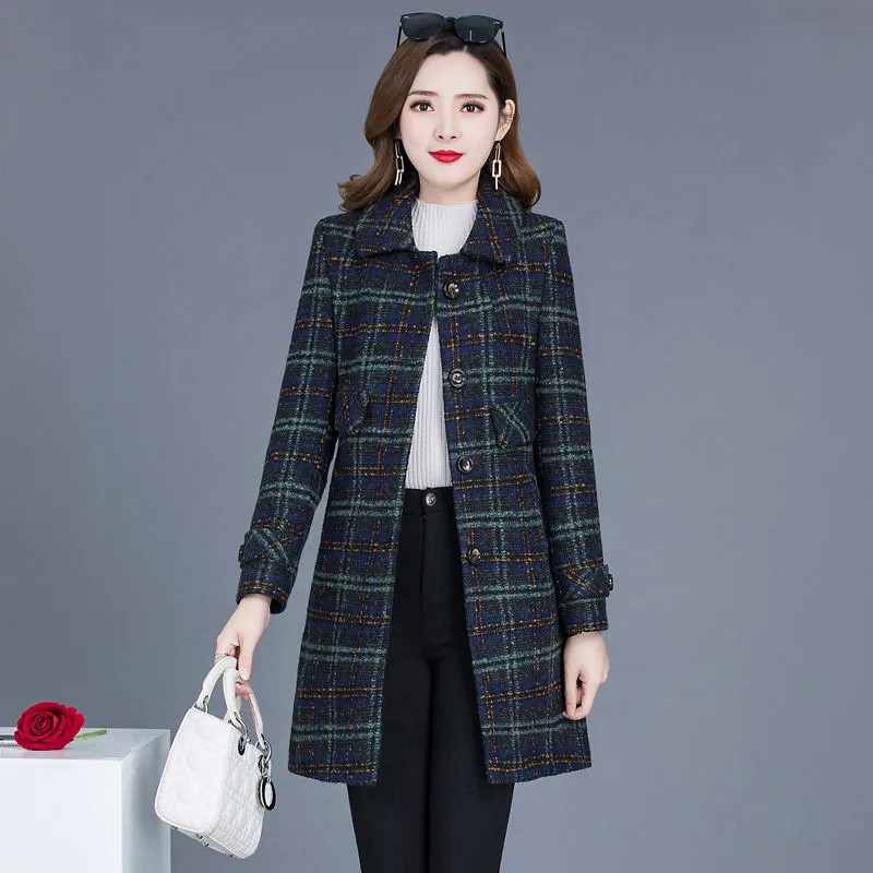 Paltonă de lână în carouri pentru femei, la modă, jachete noi de toamnă și iarnă, subțire, de lungime mijlocie, haine de amestec de lână, cu un singur piept, îmbrăcăminte pentru femei 5XL
