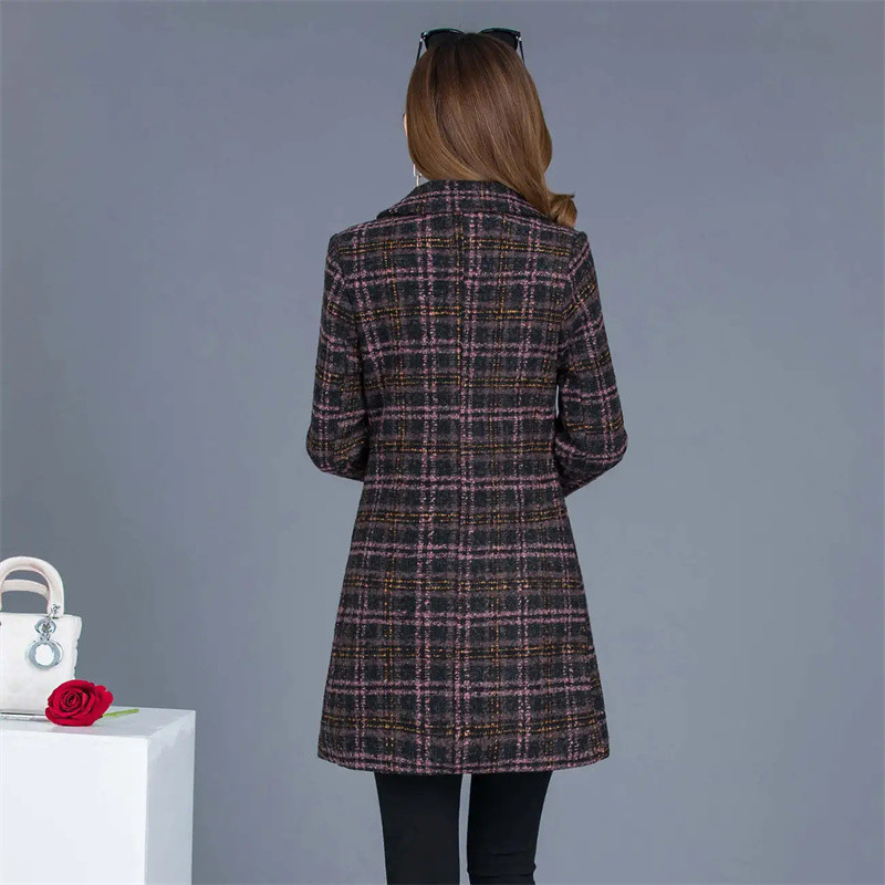 Paltonă de lână în carouri pentru femei, la modă, jachete noi de toamnă și iarnă, subțire, de lungime mijlocie, haine de amestec de lână, cu un singur piept, îmbrăcăminte pentru femei 5XL