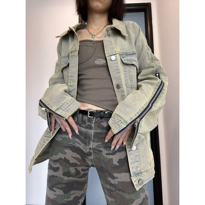 2023. gada pavasaris un rudens jauns sieviešu apģērbs ar garām piedurknēm, retro stila džinsa jaka ar rāvējslēdzēju.