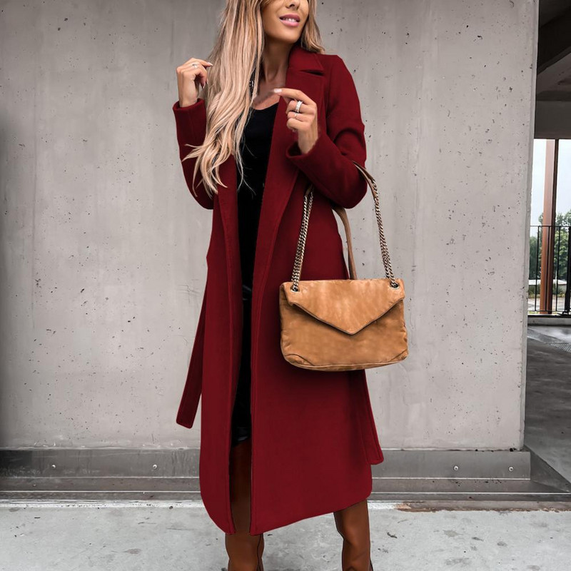 Sieviešu 2022. gada rudens un ziemas temperaments vidēja garuma, bieza vilna ar garām piedurknēm sieviešu jaka Trend Sarkans, moderns vilnas mētelis